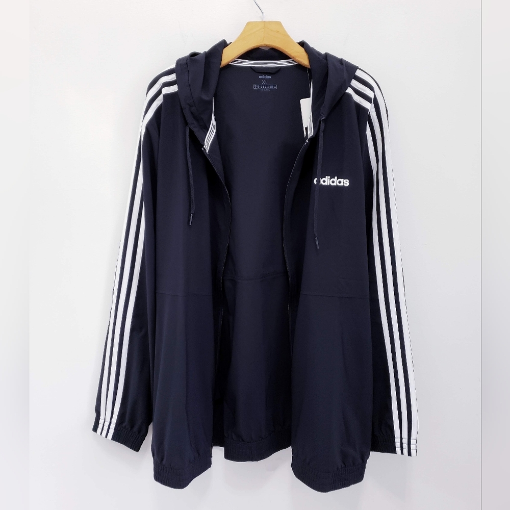 Adidas Essentials 3-Stripe White Woven Windbreaker Track Jacket Black Mens Sz XL